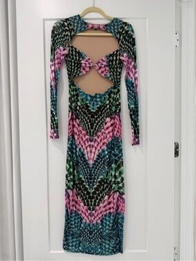 AFRM Long Sleeve Cutout Midi Dress in Pink & Teal Snakeskin Print
